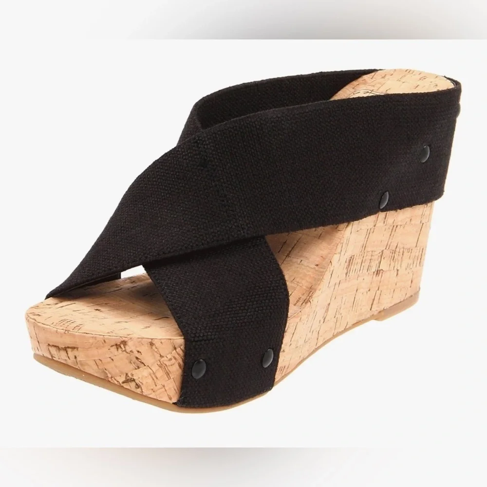 Lucky Brand  Black Strap Open Toe Cork  Wedge Heels size 7.5